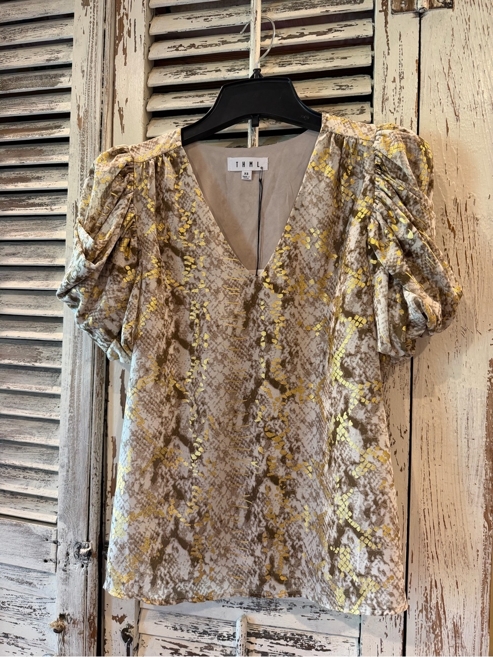 THML Yellow and Taupe Snake-Print Puff Sleeve V-Neck Blouse